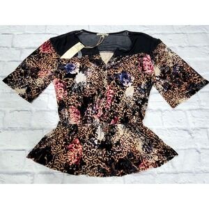 Buckle Gimmicks Small Crushed Velvet Peplum Top Blouse Velour Floral Leopard NEW